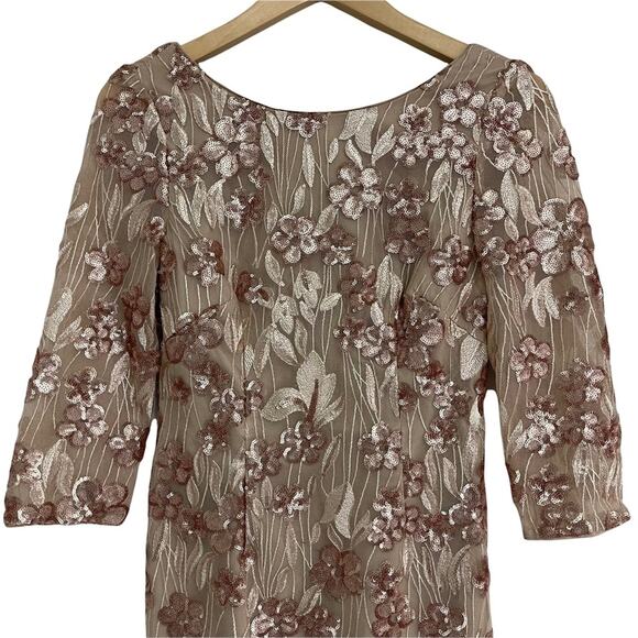 AIDAN AIDAN MATTOX Floral-Embroidered Sequin Dress Cocktail Champagne Size 4 - Picture 7 of 14